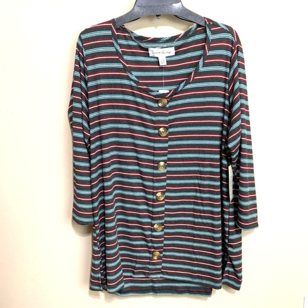 French Laundry Knit Top Striped Teal Gray White Button Up 1X